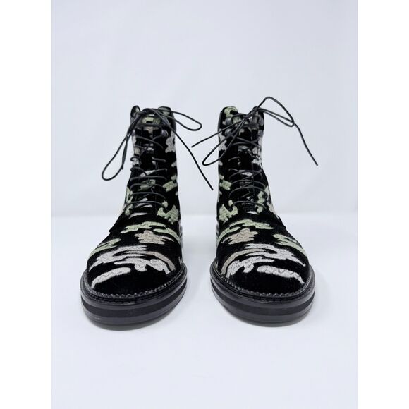 Emporio Armani Black Embroidered Camo Velvet Lace Up Combat Boots M6 W7.5 BNIB
